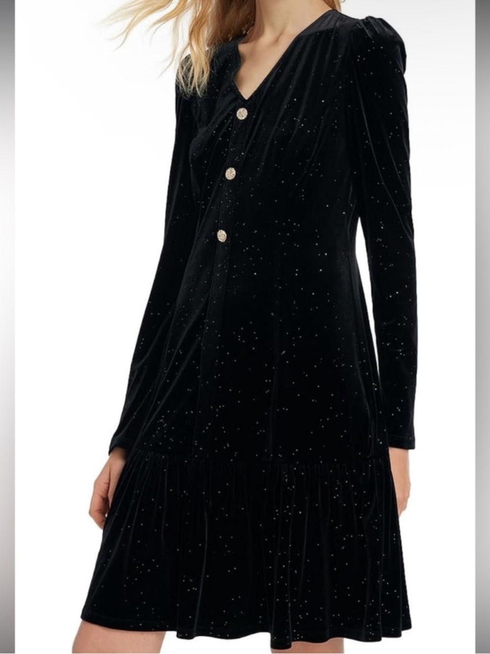 Elegant Black Velvet Button-Front Dress with Chain Belt - Picture 2 of 11